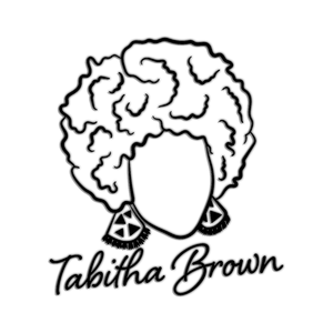 black outline logo of tabitha brown's head with earrings and tabitha brown in cursive writing