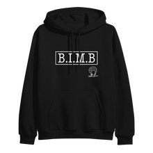Load image into Gallery viewer, image of white pullover hoodie on clear background. hoodie has full chest print in black that has a rectangle, and inside that in capital letters says B I M B and outside the rectangle on the bottom right is tabitha brown's logo of her head wearing earrings and her name in cursive.