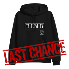 Load image into Gallery viewer, image of black pullover hoodie on clear background. hoodie has full chest print in white that has a rectangle, and inside that in capital letters says B I M B and outside the rectangle on the bottom right is tabitha brown's logo of her head wearing earrings and her name in cursive. over the bottom part of the image in large red text says last chance.