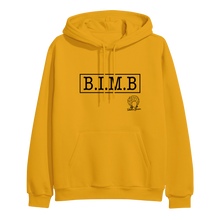 Load image into Gallery viewer, image of gold pullover hoodie on clear background. hoodie has full chest print in black that has a rectangle, and inside that in capital letters says B I M B and outside the rectangle on the bottom right is tabitha brown&#39;s logo of her head wearing earrings and her name in cursive.
