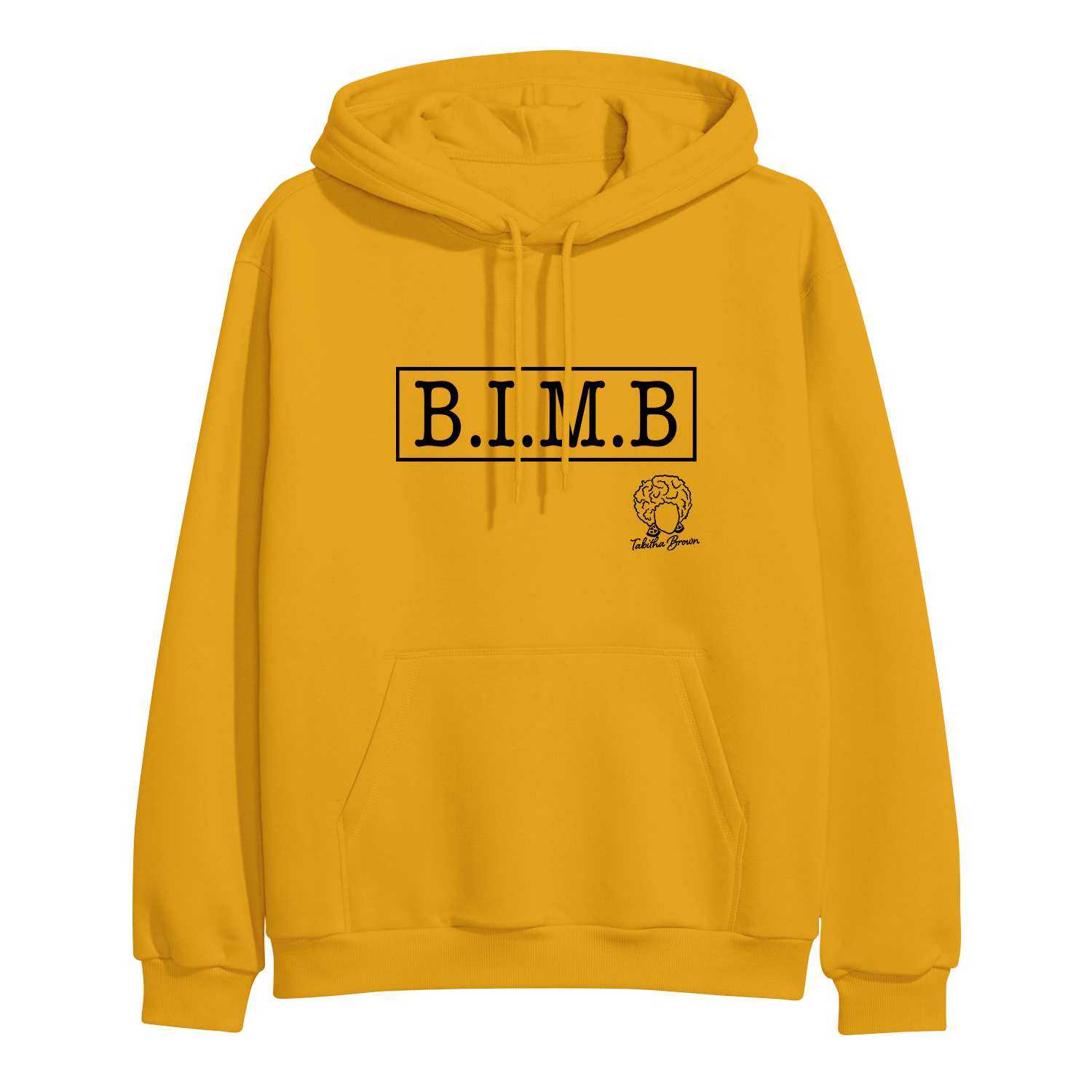 image of gold pullover hoodie on clear background. hoodie has full chest print in black that has a rectangle, and inside that in capital letters says B I M B and outside the rectangle on the bottom right is tabitha brown's logo of her head wearing earrings and her name in cursive.