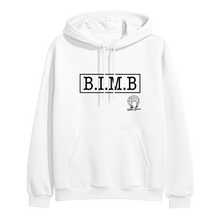Load image into Gallery viewer, image of white pullover hoodie on clear background. hoodie has full chest print in black that has a rectangle, and inside that in capital letters says B I M B and outside the rectangle on the bottom right is tabitha brown's logo of her head wearing earrings and her name in cursive.