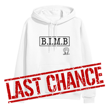 Load image into Gallery viewer, image of white pullover hoodie on clear background. hoodie has full chest print in black that has a rectangle, and inside that in capital letters says B I M B and outside the rectangle on the bottom right is tabitha brown's logo of her head wearing earrings and her name in cursive. over the bottom part of the image in large red text says last chance.