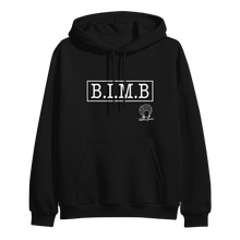 Load image into Gallery viewer, image of white pullover hoodie on clear background. hoodie has full chest print in black that has a rectangle, and inside that in capital letters says B I M B and outside the rectangle on the bottom right is tabitha brown&#39;s logo of her head wearing earrings and her name in cursive.
