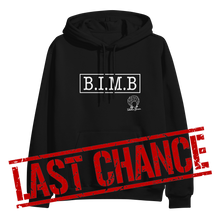 Load image into Gallery viewer, image of black pullover hoodie on clear background. hoodie has full chest print in white that has a rectangle, and inside that in capital letters says B I M B and outside the rectangle on the bottom right is tabitha brown&#39;s logo of her head wearing earrings and her name in cursive. over the bottom part of the image in large red text says last chance.
