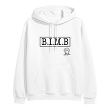 Load image into Gallery viewer, image of white pullover hoodie on clear background. hoodie has full chest print in black that has a rectangle, and inside that in capital letters says B I M B and outside the rectangle on the bottom right is tabitha brown&#39;s logo of her head wearing earrings and her name in cursive. 
