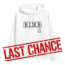 Load image into Gallery viewer, image of white pullover hoodie on clear background. hoodie has full chest print in black that has a rectangle, and inside that in capital letters says B I M B and outside the rectangle on the bottom right is tabitha brown&#39;s logo of her head wearing earrings and her name in cursive. over the bottom part of the image in large red text says last chance.
