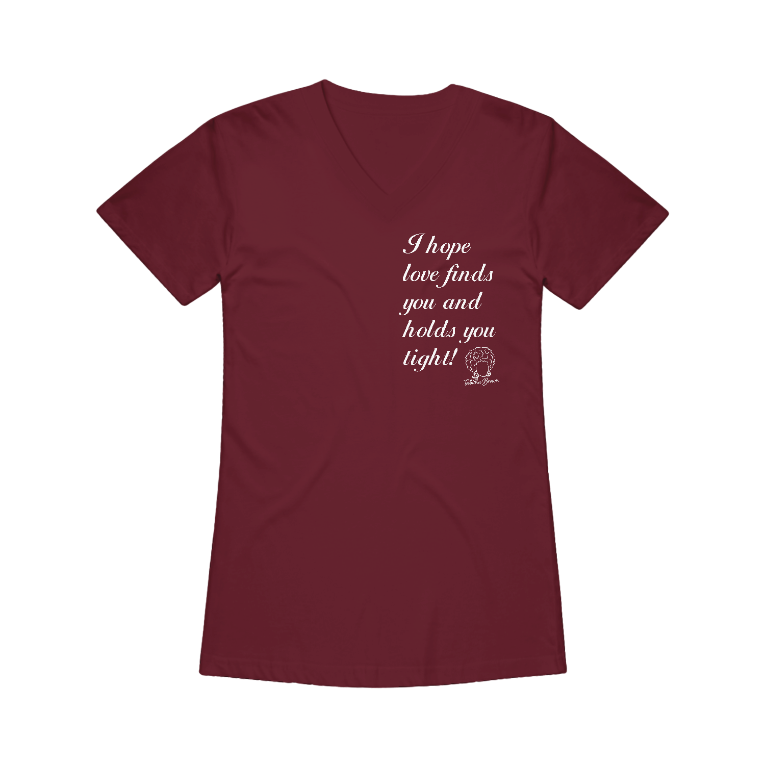 image of maroon ladies v neck tee shirt on clear background. front right chest reads in stacked white 