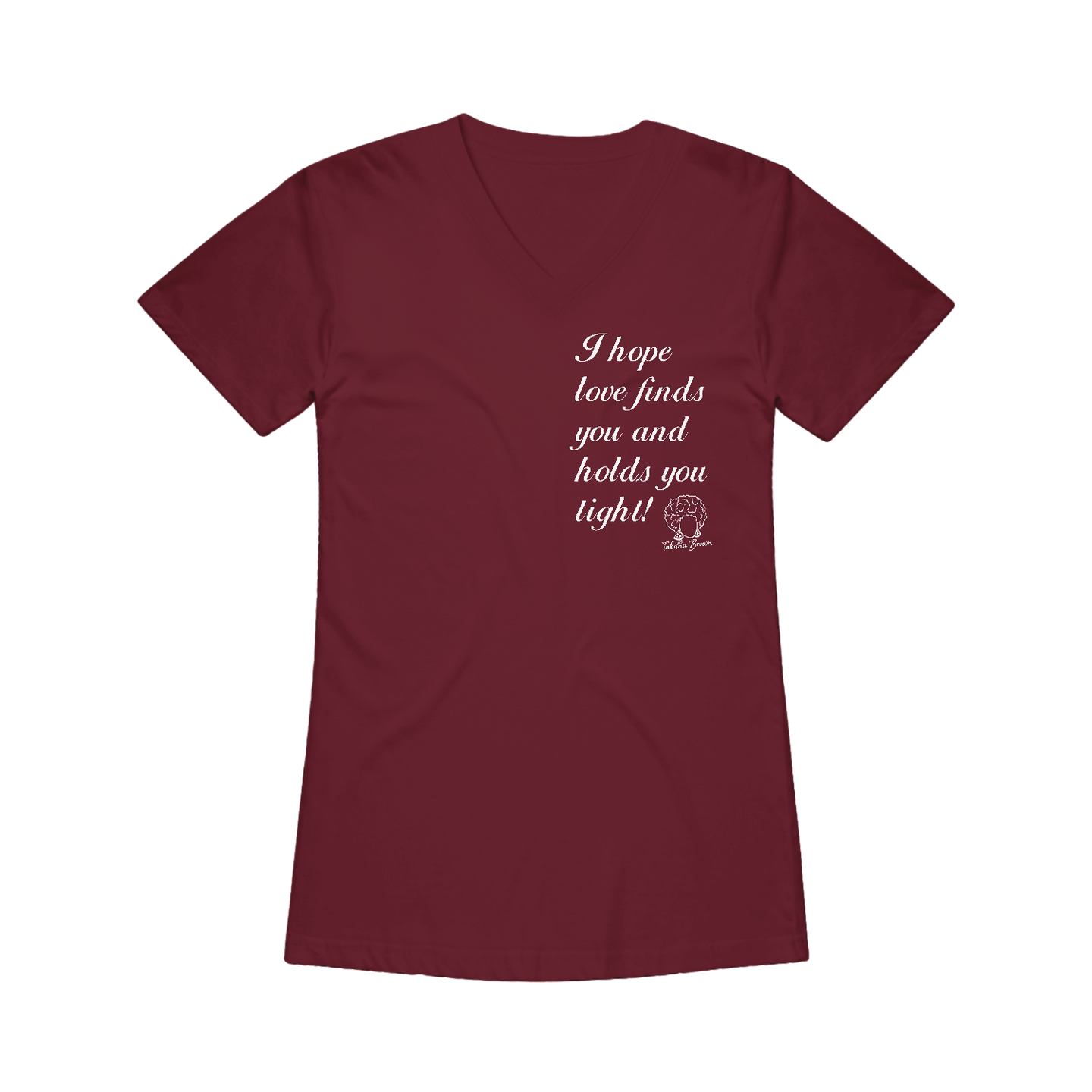 image of maroon ladies v neck tee shirt on clear background. front right chest reads in stacked white 