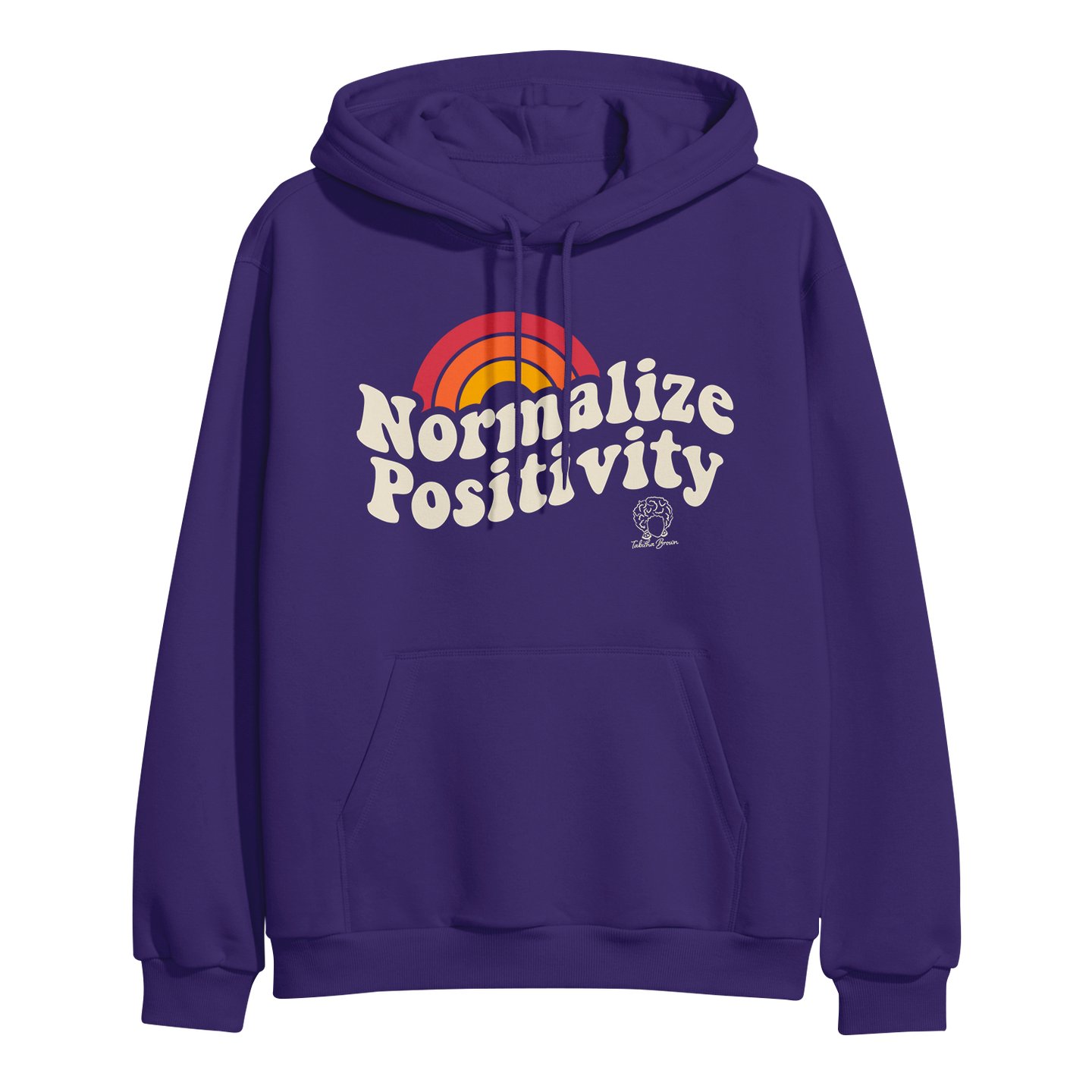 image of a purple pullover hoodie on a transparent background. hoodie has front chest print of a rainbow and then wavy text below that says normalize positivity